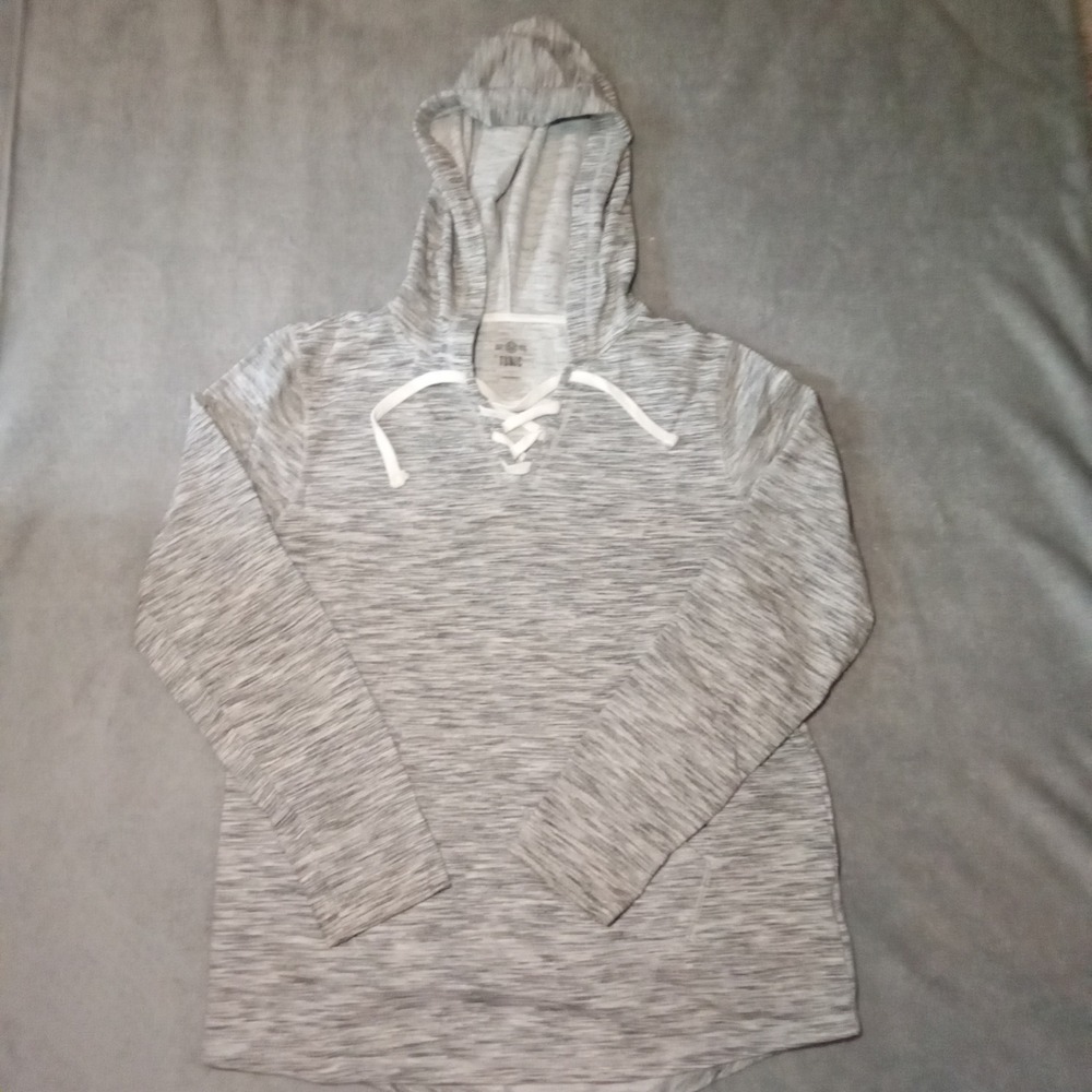 SO Women Gray Space Dye Lace Up Tunic Hoodie Sweatshirt Size L